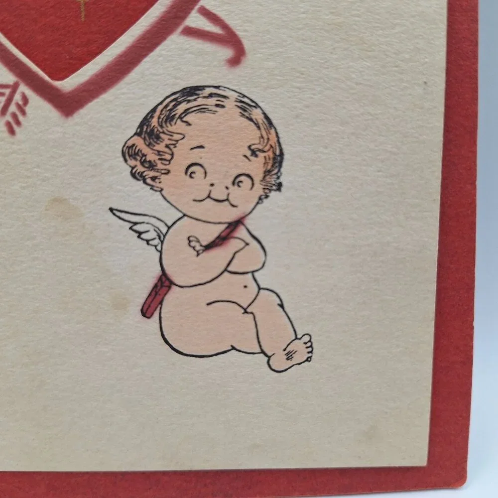 Vintage Valentine Card Cupid Heart Cutout‎ For My Love Poem Red Handmade Layered
